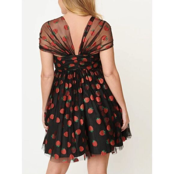 Unique Vintage Black Glitter Strawberry Print Babydoll Dress - Picture 2 of 13